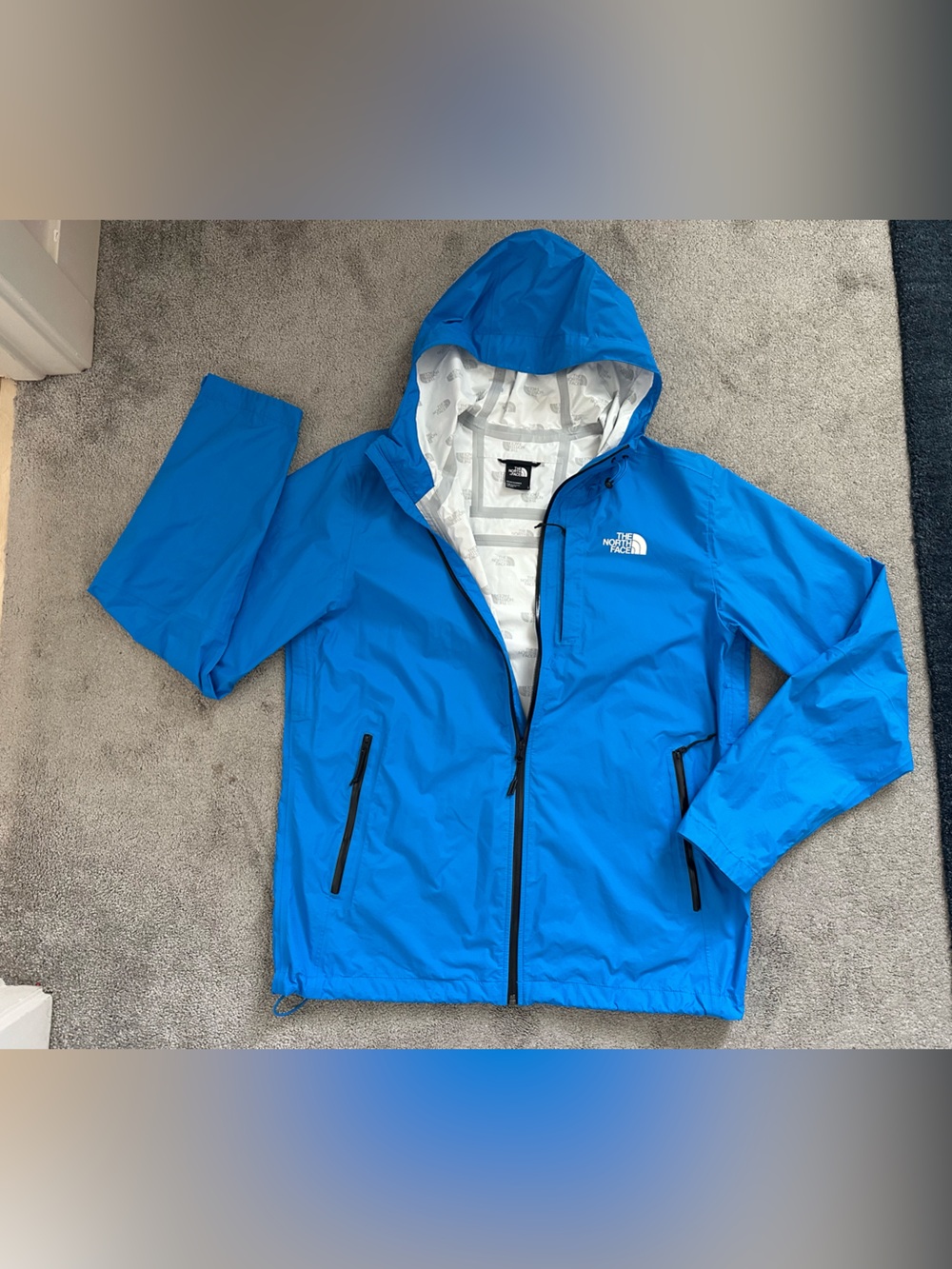 The North Face Men’s Hooded Rain Jacket Blue and White Size Large Waterproof